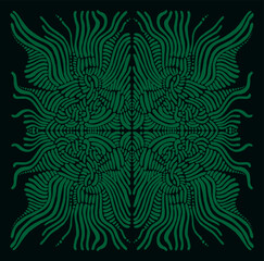 Green symmetrical mandala, isolated on dark background. Psychedelic abstract intricate line pattern.