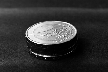 Euro close up photo. Macro coins. Soft focus, dark background