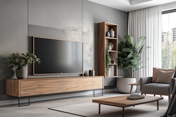 Fototapeta premium In a contemporary living room with a gray wall, an armchair, a bookshelf, a curtain, and a plant, there is a TV on the wall with a wooden plate above the cabinet. Generative AI