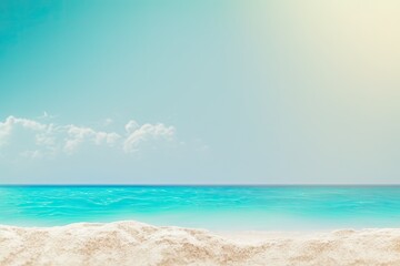 Fototapeta premium Summer day with close-up beach and hazy sea sky background, text space or for items. Panorama. Generative AI