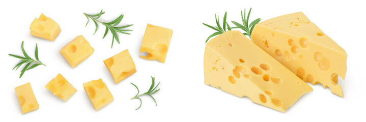 cubes of cheese isolated on white background . Top view. Flat lay