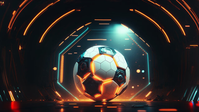 mechanical futuristic soccer ball or football with neon glowing at the laboratory stadium. Futuristic background - copyspace area. Generative AI