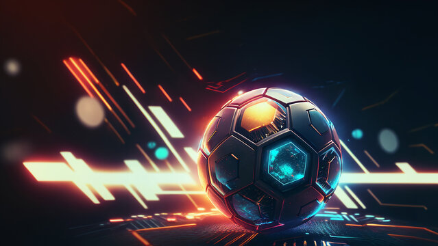cyber futuristic soccer ball or football with neon glowing. Futuristic background - copyspace area. Generative AI