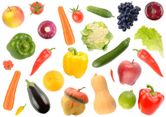 Big set falling vegetables and fruits isolated on white