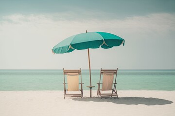 Two chairs and a parasol against a hazy sea background. Generative AI