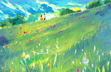 lovely couple meadow with flowers and mountains
