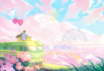 Obraz premium couple sitting on car enjoying landscape beauty