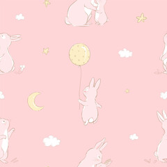 Seamless pattern with a cute bunny and mom in pastel colors. Baby Rabbit pattern doodle moon and stars. Can be used for t-shirt print, kids wear fashion design, baby shower invitation card