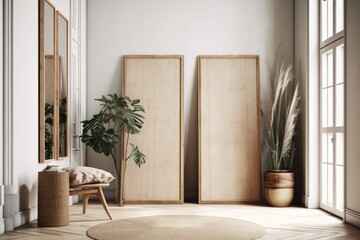 In a traditional interior, two vertical wooden frames are mocked up on the ground. Generative AI