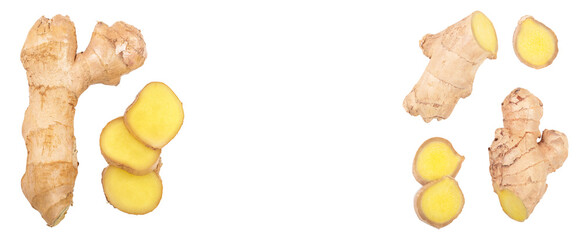 fresh Ginger root and slice isolated on white background with copy space for your text. Top view. Flat lay