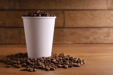 No drill light filtering roller blinds Coffee bar a paper cup of coffee on a wooden table with coffee beans