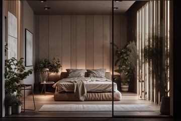 In the backdrop, a bedroom with a beige bed by the window is visible, as is a dark modern apartment with a lit horizontal poster on a gray wall in between a wooden door and a metal Generative AI