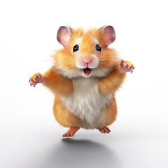 Hamster pet with open mouth running fast on the withe background. Cute gray rodent isolated. Generative AI