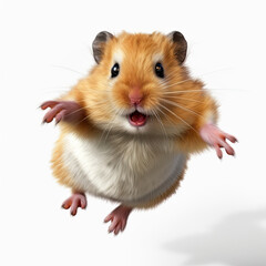 Hamster pet with open mouth running fast on the withe background. Cute gray rodent isolated. Generative AI