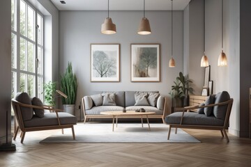 In a corner of a living room decorated in the Scandinavian style are plush gray sofas and chairs. Authentic floor lamps and a horizontal poster frame mockup. Generative AI