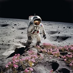 Astronaut neil armstrong on the white surface of the moon finds 1 colorful flower