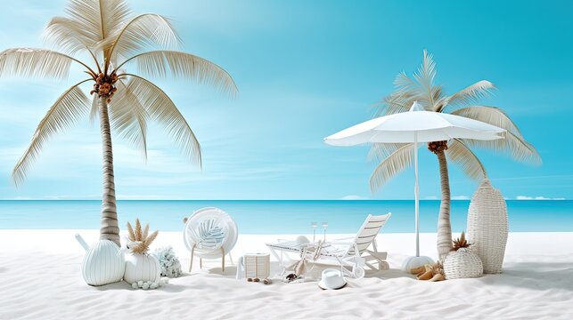 Pristine white tropical beach with palm trees, surrounded by summer beach objects