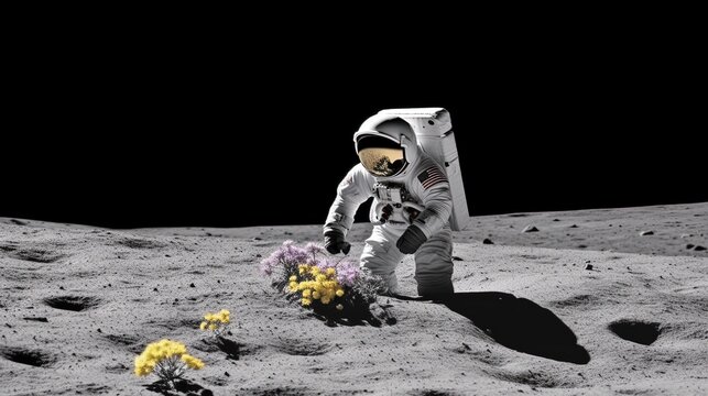Astronaut neil armstrong on the white surface of the moon finds 1 colorful flower
