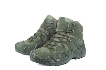 Tactical  military boots for the army are cut out on a white background. Isolated on a white background, no shadow. 
