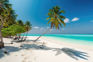 Naklejka na ściany i meble serene tropical beach with swaying palm trees and crystal clear water. Generative AI