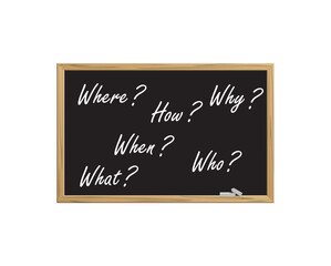 Where, When, What, Who, Why, How? written on blackboard. Faq concept. Finding an answer to question. Queries handwriting on chalkboard. Help in solving problems
