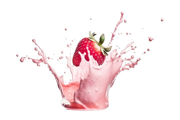 Fresh strawberry flying in pink yogurt splash isolated on white. Generative AI.