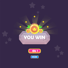 You Win Game UI Badge Pop Up Icon Reward Prize Premium Coins Stars Stone Button Magic Shine Buttons Cartoon Cute Vector Design