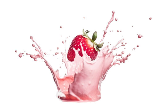 Fresh Strawberry Flying In Pink Yogurt Splash Isolated On White. Generative AI.