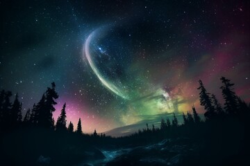 Fototapeta na wymiar A stunning crescent moon with a heart shape glows in the dark sky amidst shimmering stars and a colorful aurora. Generative AI
