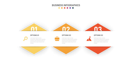 Timeline infographic with infochart. Modern presentation template with 3 spets for business process. Website template on white background for concept modern design. Horizontal layout.