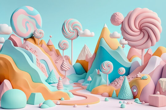 generative ai illustration of a pastel colored candyland with lollipops