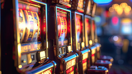Fototapeta na wymiar Casino Slot Machines. Strip Digital Slot Machine Closeup. Generative AI