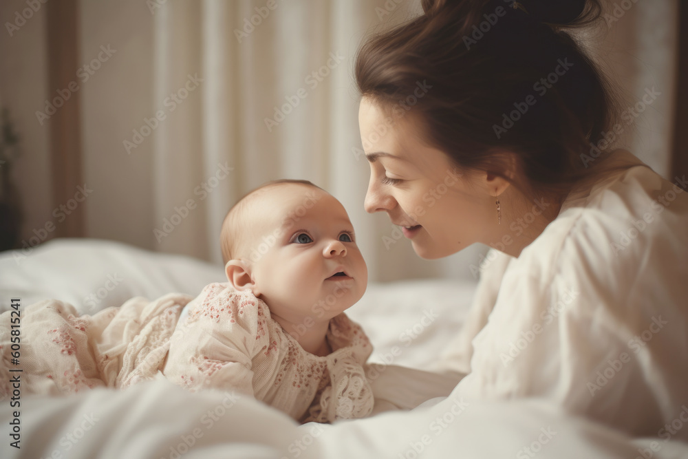 Wall mural Young mother playing with her sweet three month old baby in the bedroom 