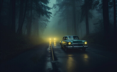 Obraz na płótnie Canvas Old classic car on a wet road covered in fog with bright headlights. Generative AI.
