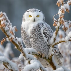 Frosty Majesty: Curious Snowy Owl on Perched Branch