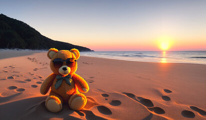 Teddy bear in sunglasses on sandy beach by sea, ocean at sunset. Generative AI.