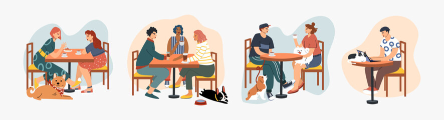 People eat and talk together with a dog and a cat in a cafe. Pet friendly cafe concept.