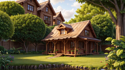 Charming Rustic Landscape: Cozy Wooden House Nestled in a Picturesque Village Series - Generative AI	