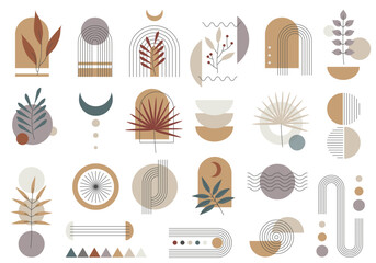 Set of minimal boho linear symbols. Celestial concept. Abstract minimal element mid century vector set. Boho prints, posters, wallpaper, cards, compositions, stickers decorated with abstract shapes