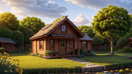 Fototapeta na wymiar Charming Rustic Landscape: Cozy Wooden House Nestled in a Picturesque Village Series - Generative AI 