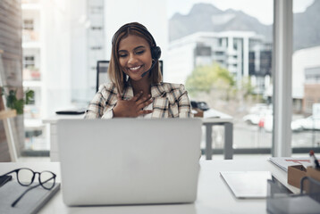 Business woman, headset and laptop for a video call or webinar with internet introduction. Female...