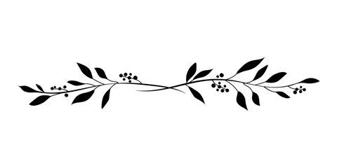 Monochrome elegant floral divider of two branches with leaves and berries. Logo element for laurel wreaths. Hand drawn line wedding grass leaves for invitation save the date card