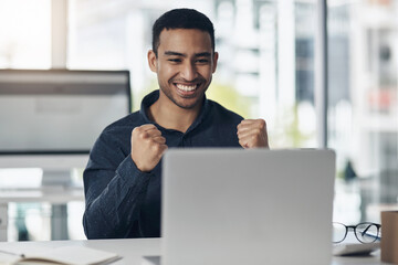 Young business man, celebration and laptop with smile, winning or success on stock market in...