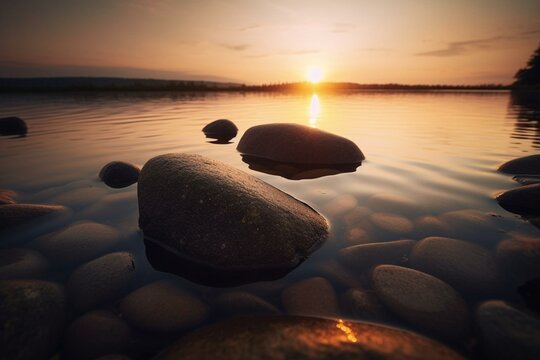 Stones in the lake at sunset. Generative AI