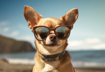 Adorable chihuahaa mit sunglasses in the outdoors, small dog very happy with itself smiling at the sunny das.