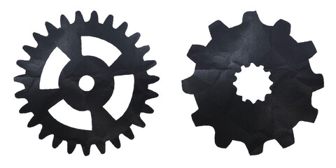 Cog symbols made with crumpled dark paper isolated on transparent background