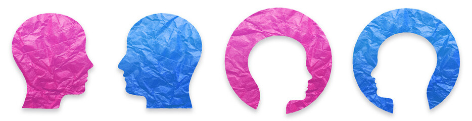 Male and female head profile silhouettes made with crumpled pink and blue cut paper isolated on transparent background