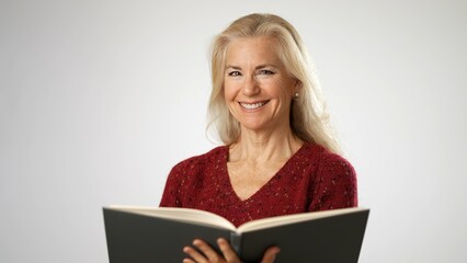 Portrait of happy pretty elderly blonde woman lady 50s years old wears sweater shirt reading book...