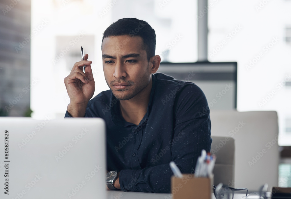 Poster laptop, thinking and reading with a man journalist working in his office for editing a news report o