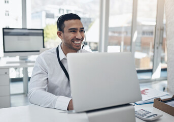 Finance advice, support and headset with a man accountant at work on his laptop in the financial office. Computer, customer service and assistance with a male broker working in an investment firm